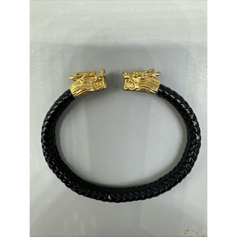 Woven Black Leather & Gold Tone Dragon Head Bracelet Cuff Women’s 6.5